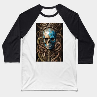 Blue and Gold Skull | Skull and Tentacles Artwork | Armored Skull | Dystopian Skull | Warrior Skull Baseball T-Shirt